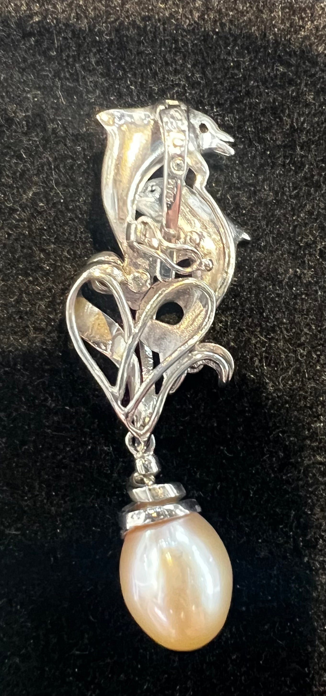 Dolphin Enhancer Sterling Silver Platinum Diamond Fresh Water Pearl Necklace