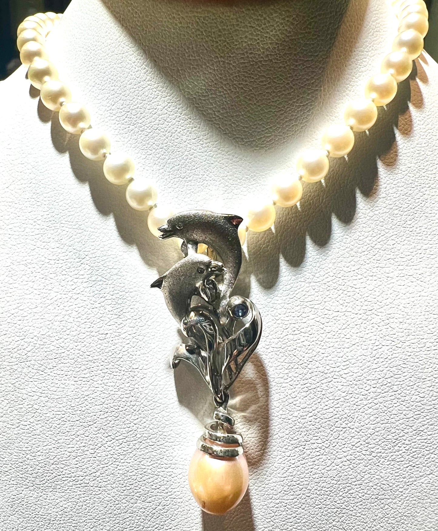Dolphin Enhancer Sterling Silver Platinum Diamond Fresh Water Pearl Necklace