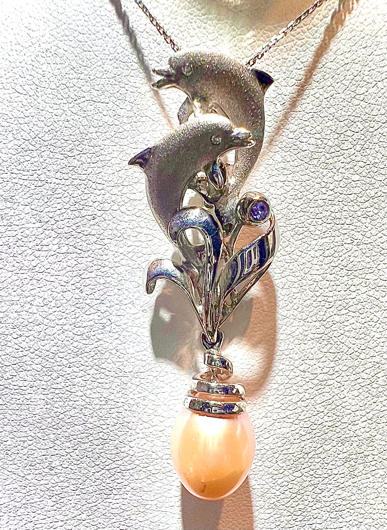 Dolphin Enhancer Sterling Silver Platinum Diamond Fresh Water Pearl Necklace