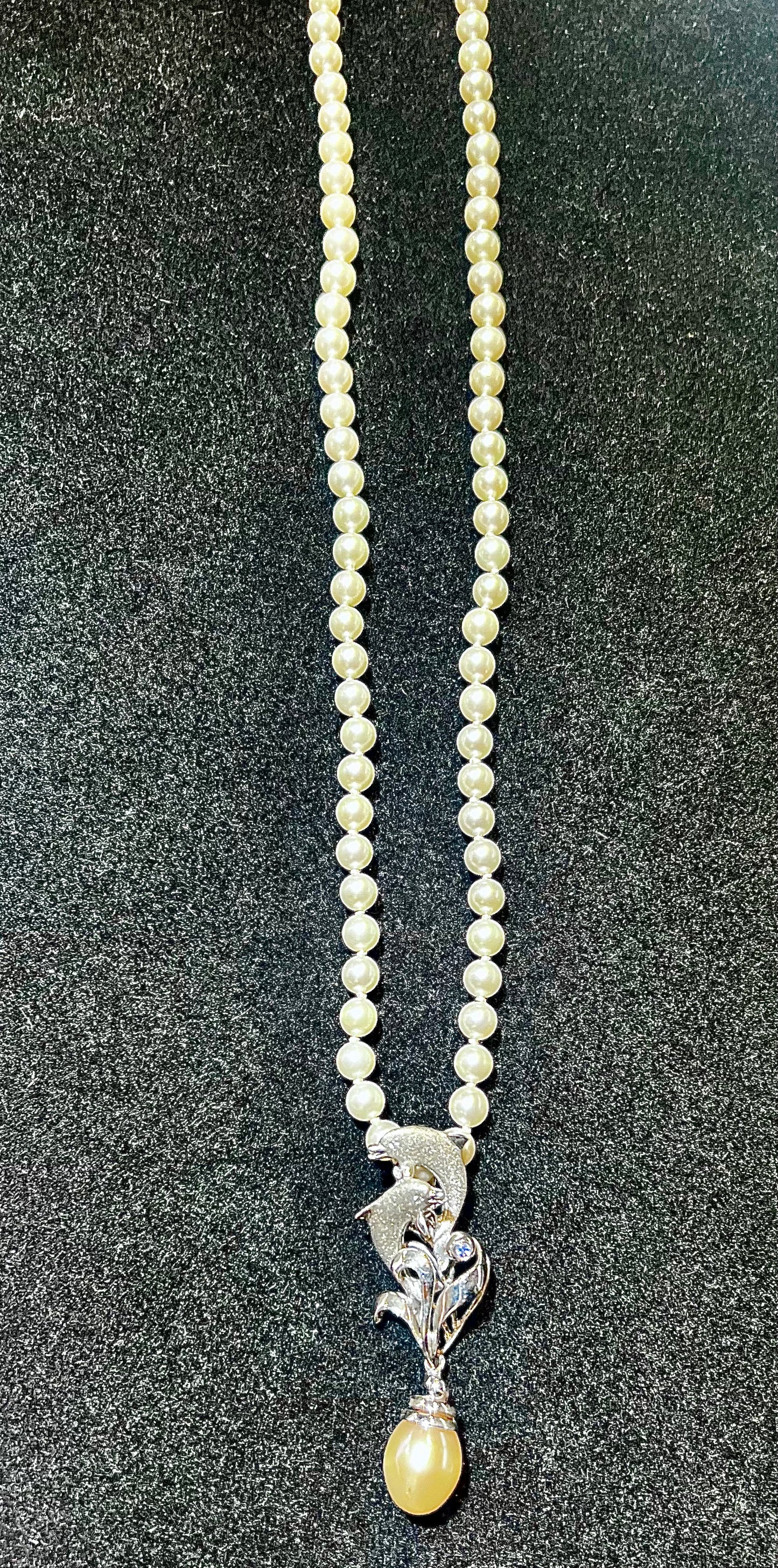 Dolphin Enhancer Sterling Silver Platinum Diamond Fresh Water Pearl Necklace